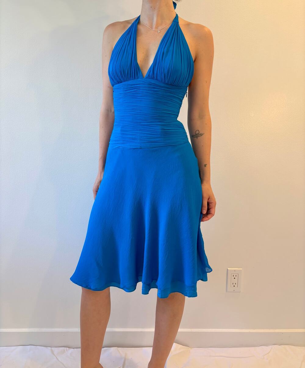 vintage blue silk chiffon halter knee length dress